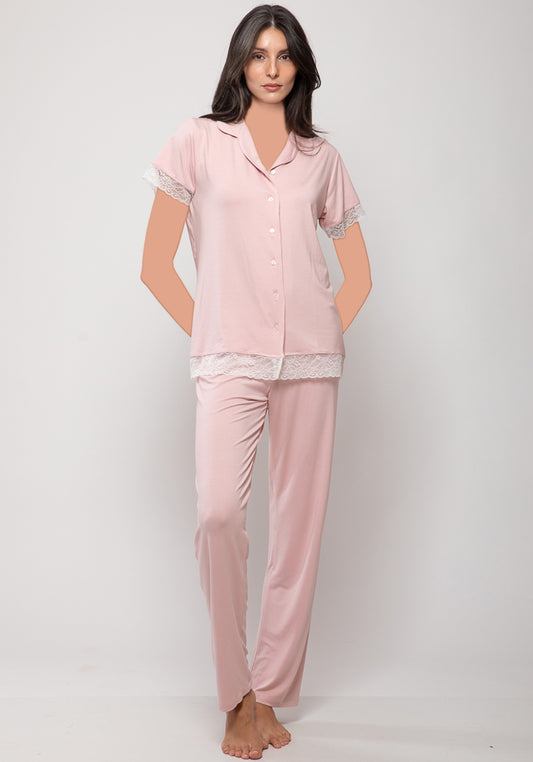 Viscose Short Sleeve With Lace Detail Top And Plain Pant Pajamas