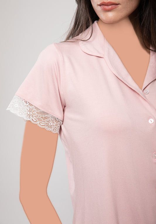 Viscose Short Sleeve With Lace Detail Top And Plain Pant Pajamas