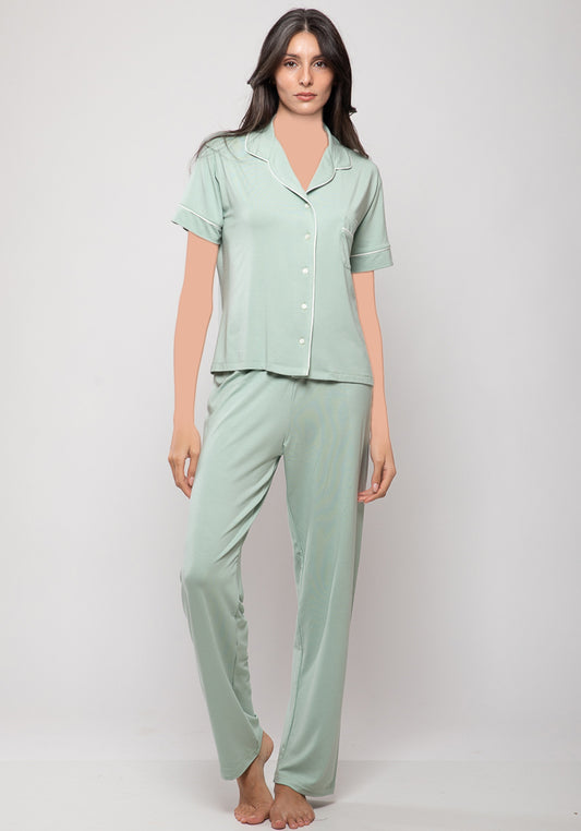 Viscose Collar Button Short Sleeve Top And Pant Pajamas
