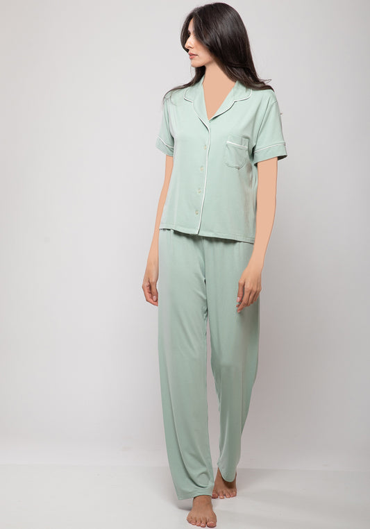 Viscose Collar Button Short Sleeve Top And Pant Pajamas
