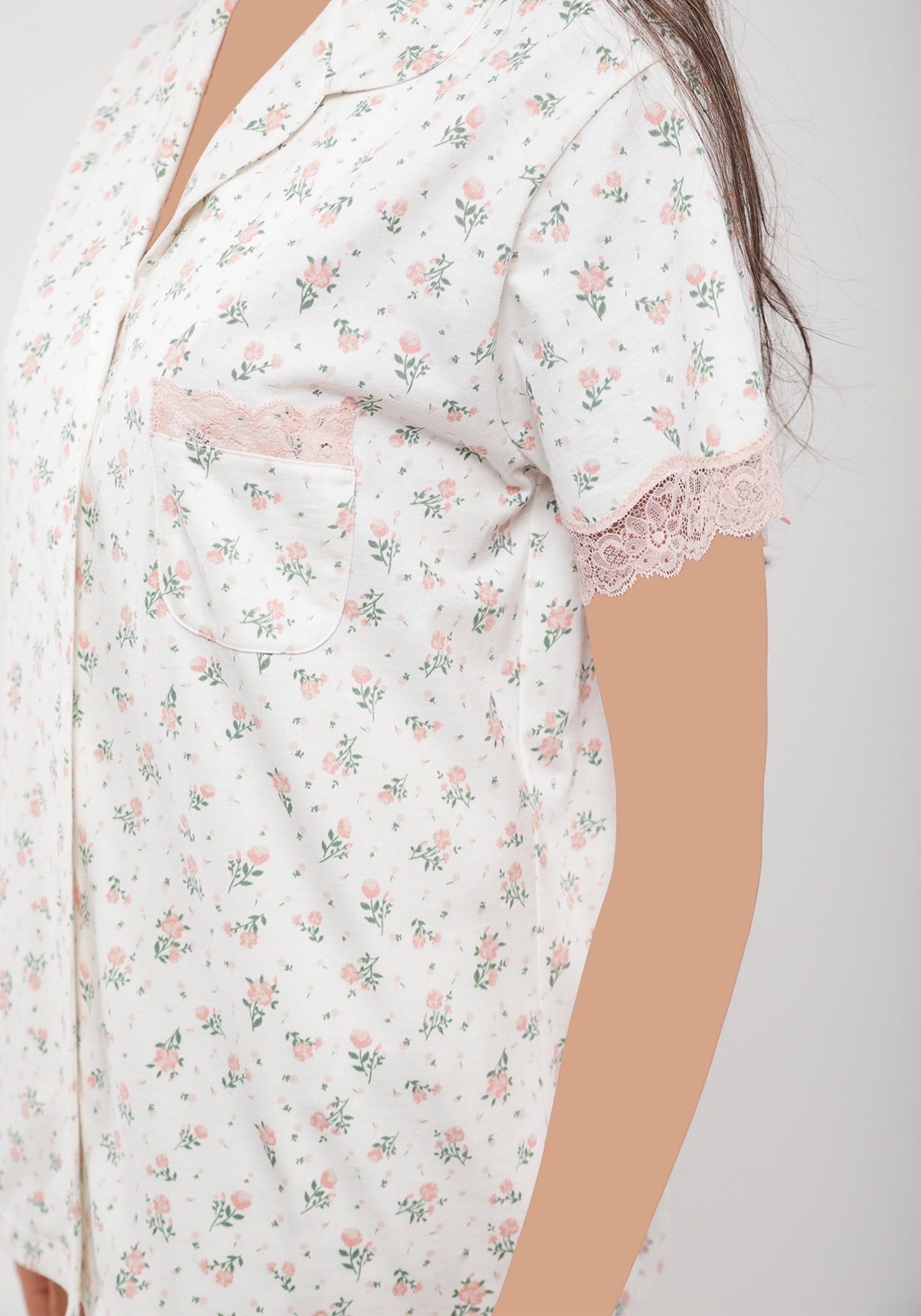 Cotton Collar Button Short Sleeve Top And Pant Floral Print Pajamas