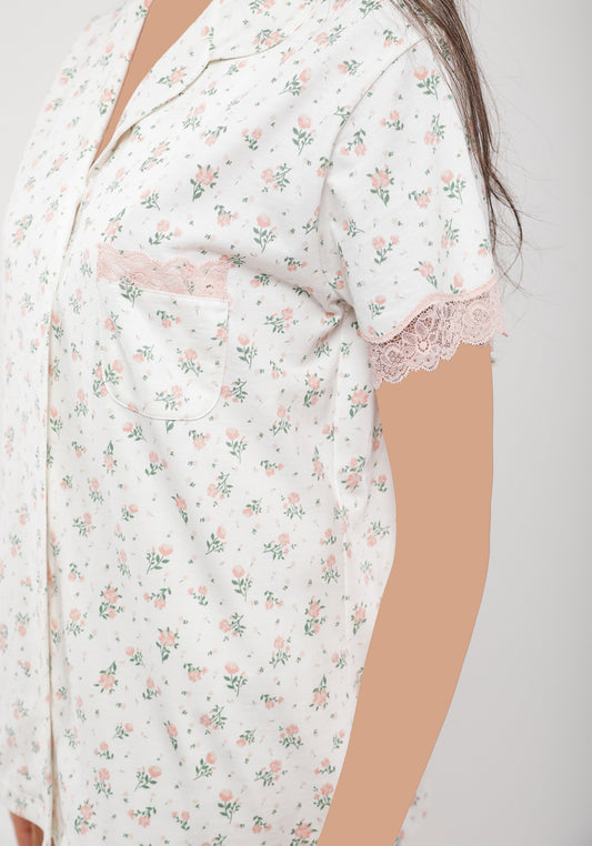 Cotton Collar Button Short Sleeve Top And Pant Floral Print Pajamas