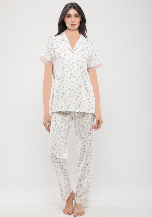 Cotton Collar Button Short Sleeve Top And Pant Floral Print Pajamas