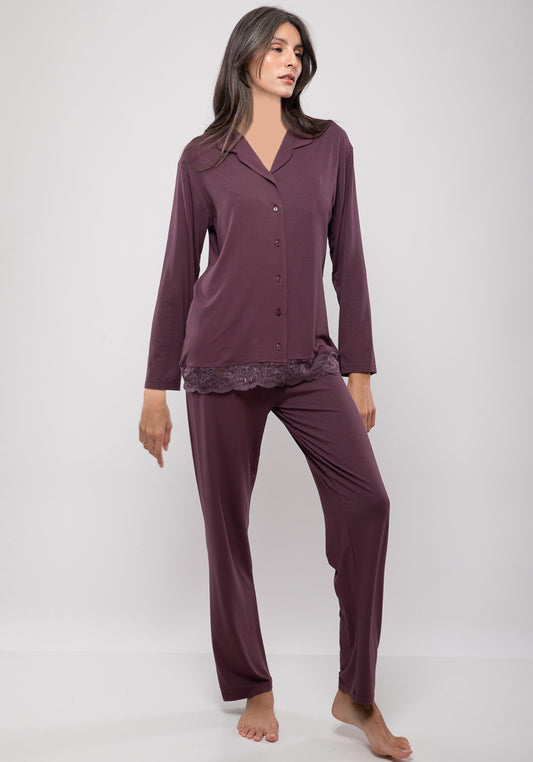 S&L Long Sleeve Lace Collar Button Pajama