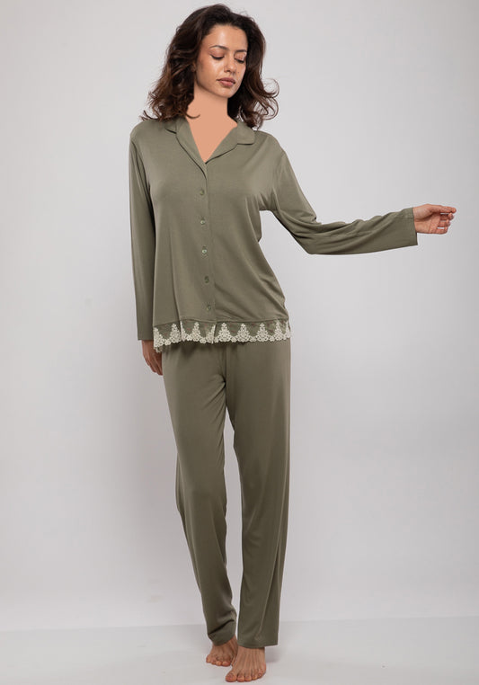S&L Long Sleeve Lace Collar Button Pajama