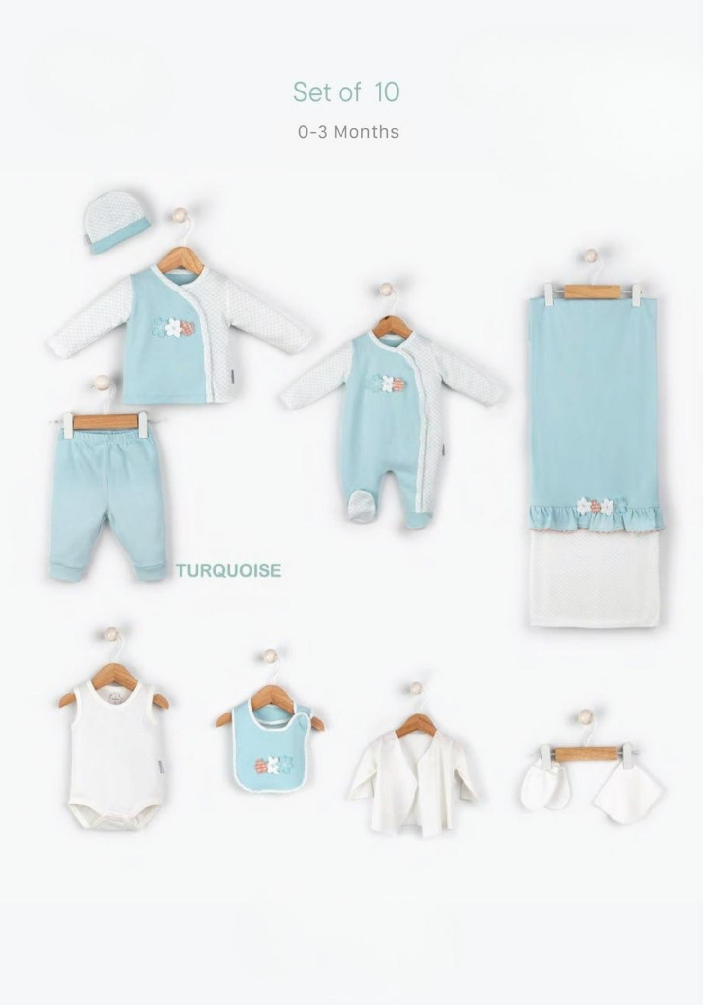 Baby Set Of 10: Romer, Top Pant, Undershirt, Banner, Cap, Blanket, Gloves, Robe, Towel