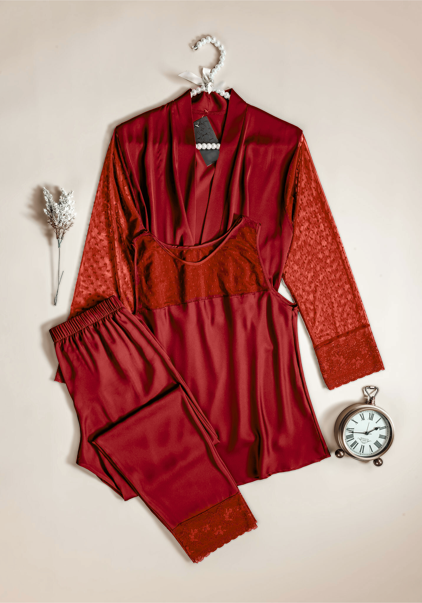 Satin 3 Pieces Set: Sleeveless Top And Plain Pant And Kimono All With Lace Detail