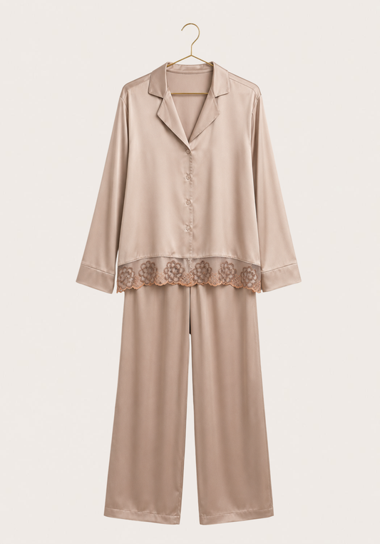 Satin Collar Button Long Sleeve With Lace Detail Pajamas