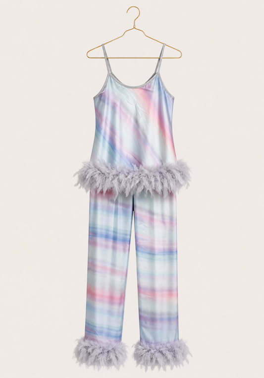 Pajamas: Shoulder Strap Printed Satin Top And Pants With Furr At The Bottom