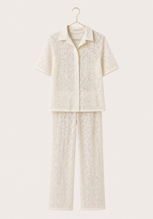 Pajamas: Full Dantel Collar Button Long Sleeve Top And Pants (100% Premium Cotton)