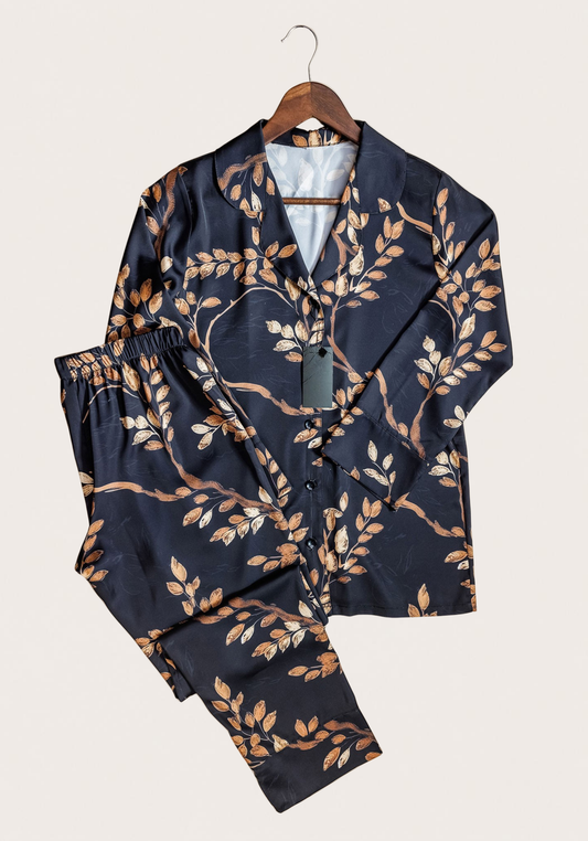 Satin Collar Button Long Sleeves Floral Printed Pajamas