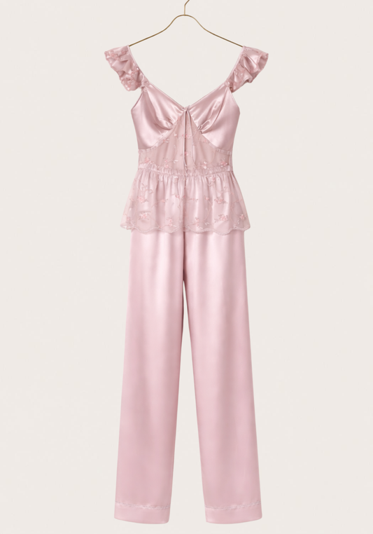 Satin Pajamas: Sleeveless Top With Lace Detail And Satin Pants