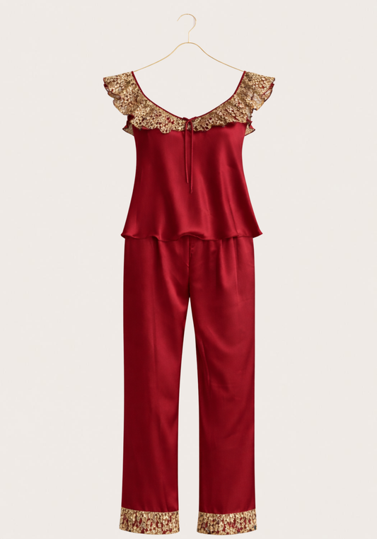 Satin Pajamas: Sleeveless Lace Front Top And Pants With Lace Detail