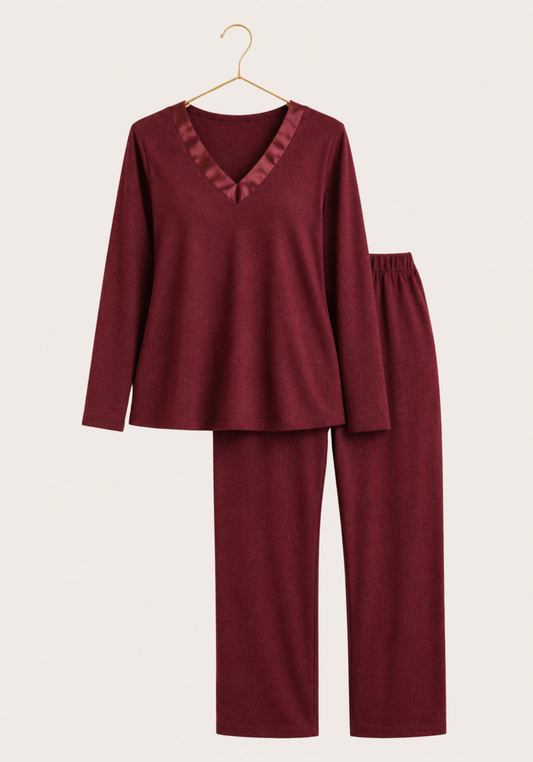 Satin V-Neck Long Sleeve Pajamas (Vis Pes Els)