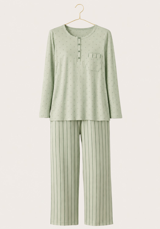 Neck Button Long Sleeve Pajamas: Dotted Top And Striped Pants (Vis Pes Els)