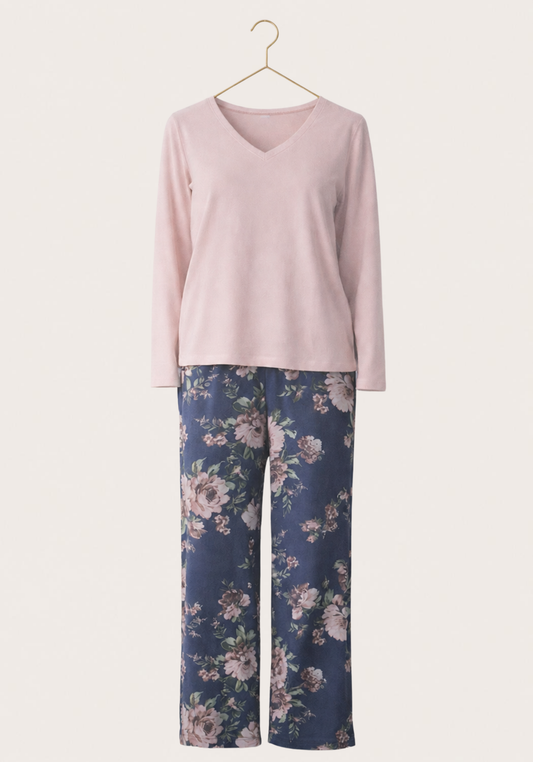 Long Sleeve Pajamas (Plain Top Pes Vis Els, Printed Pants Vis Pes)