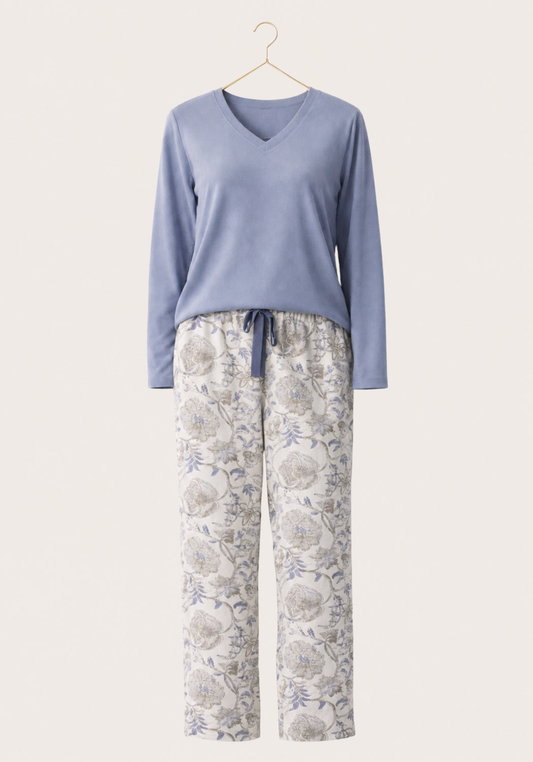 Long Sleeve Pajamas (Plain Top Pes Vis Els, Printed Pants Vis Pes)
