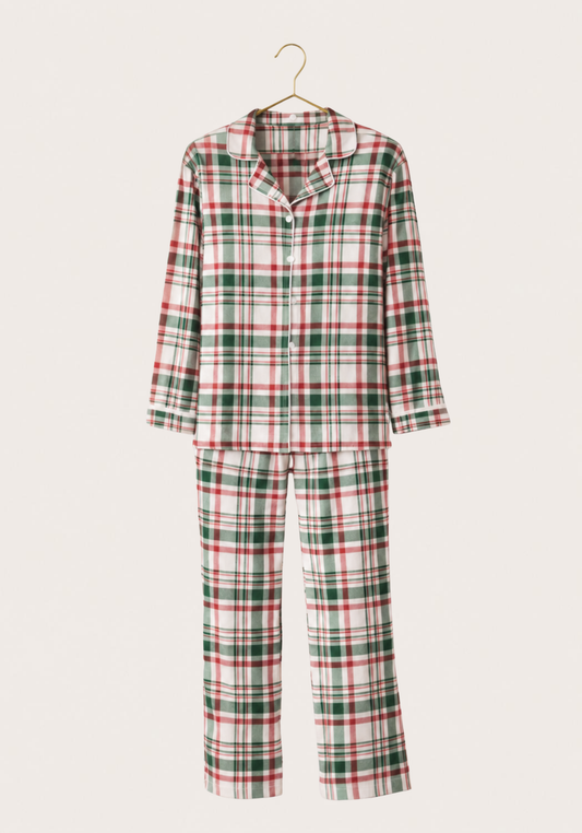 Collar Button Long Sleeve Chequered Pajamas