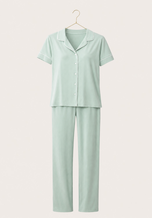 Viscose Collar Button Short Sleeve Top And Pant Pajamas