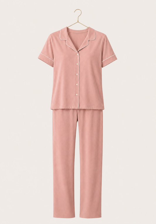 Viscose Collar Button Short Sleeve Top And Pant Pajamas