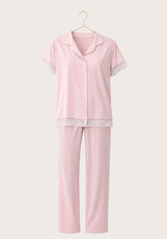 Viscose Short Sleeve With Lace Detail Top And Plain Pant Pajamas