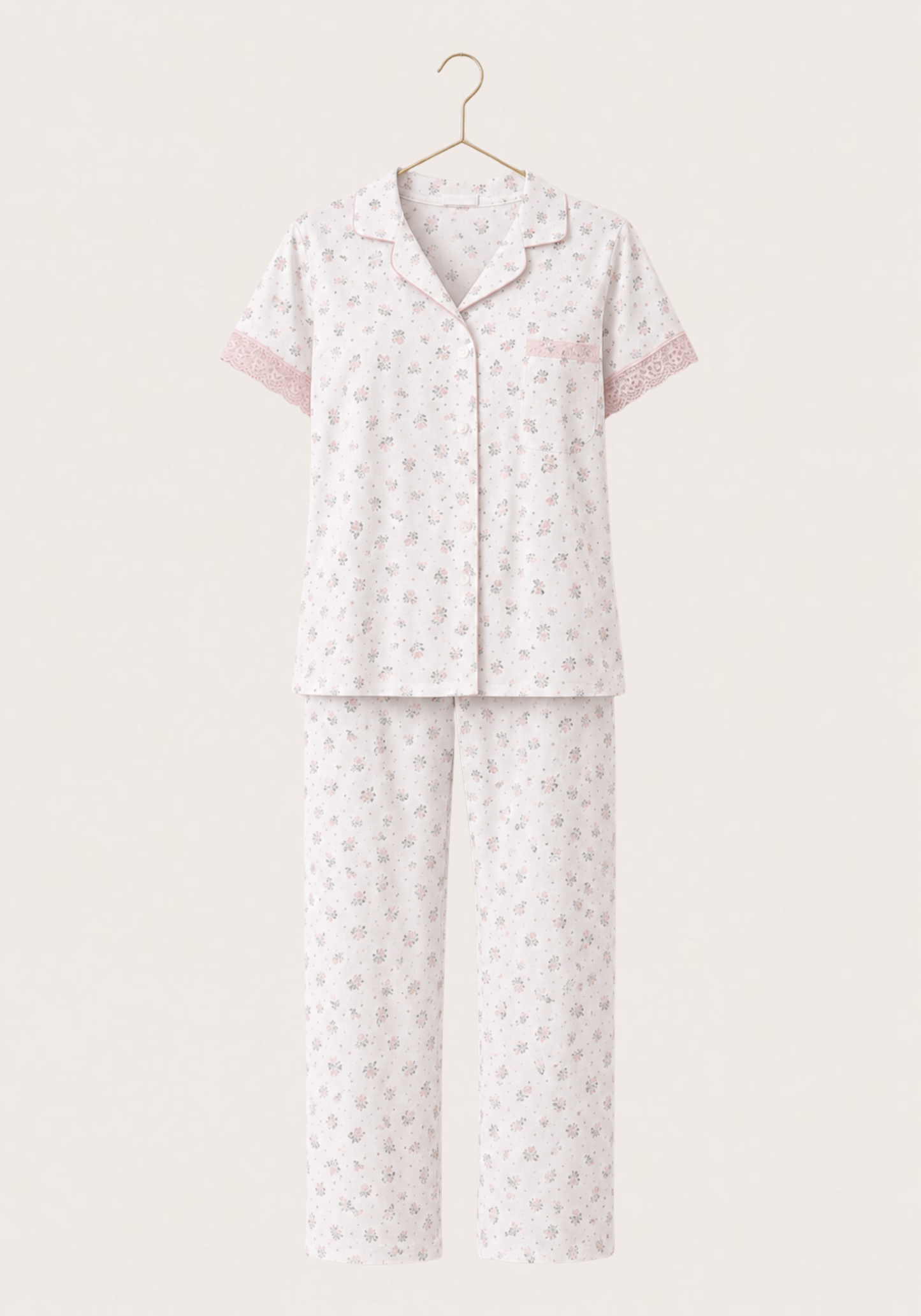 Cotton Collar Button Short Sleeve Top And Pant Floral Print Pajamas
