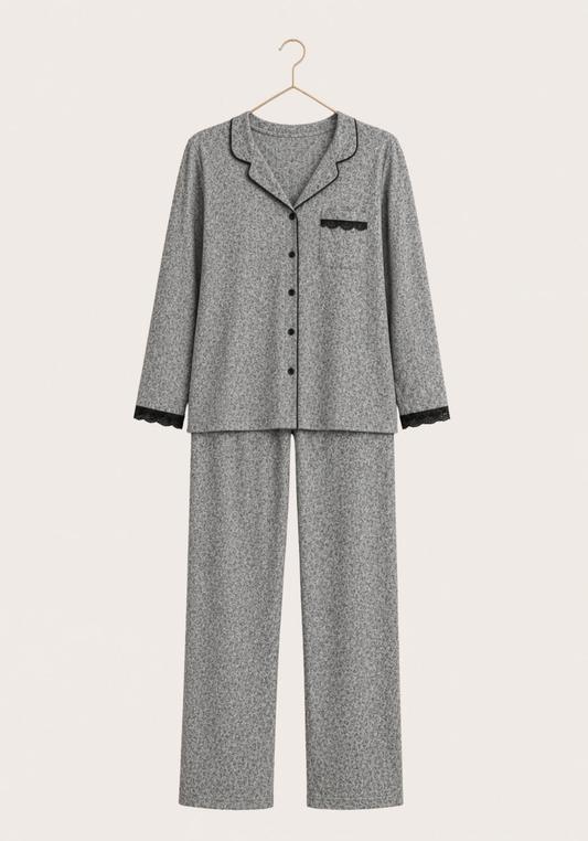 Button Long Sleeve Pajamas With Lace Detail Pocket (Vis Pes Els)