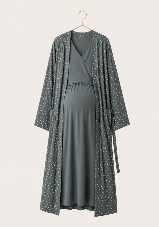 Maternal 2 Pieces Cotton Lycra Long Robe And Nighty Set