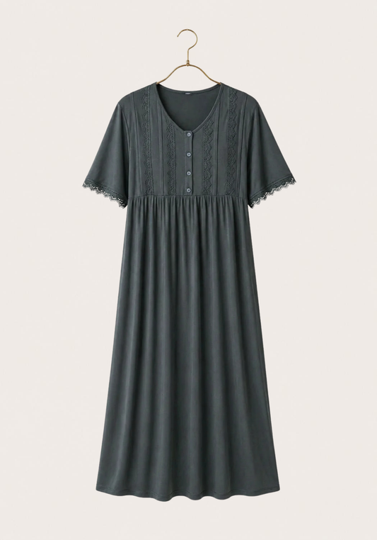 Plus Size Viscose Lycra Plain Short Sleeve Long Nighty With Lace Detail