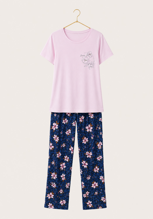 Viscose Lycra Plus Size Short Sleeve Top And Floral Pant Set