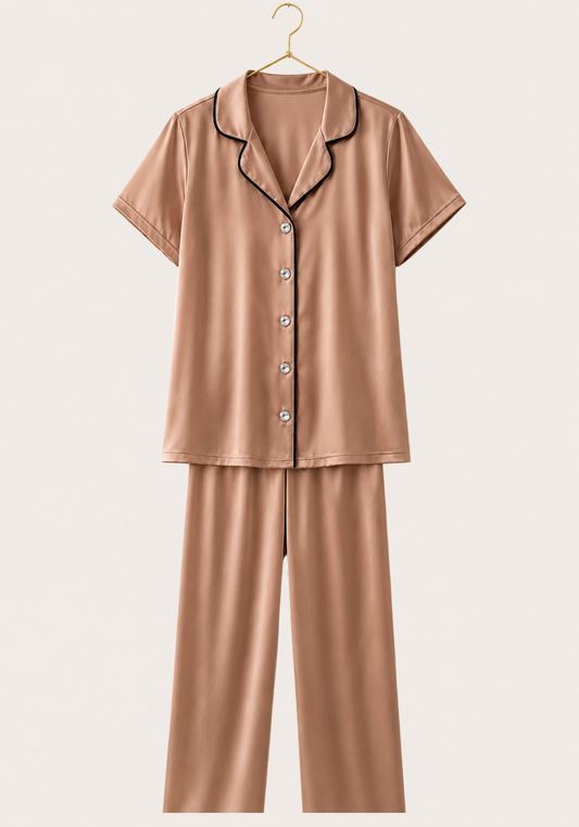 Plus Size Satin Collar Button Short Sleeve Pajama
