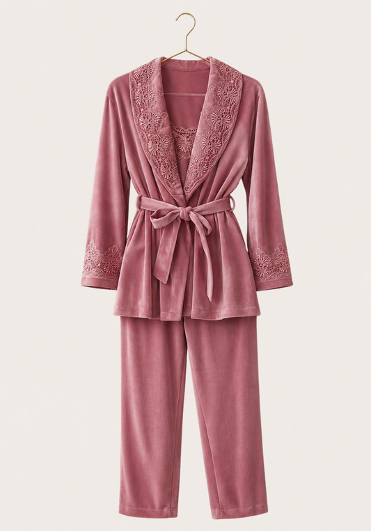 Velour 3 Pieces Set: Sleeveless Pajama And Short Robe