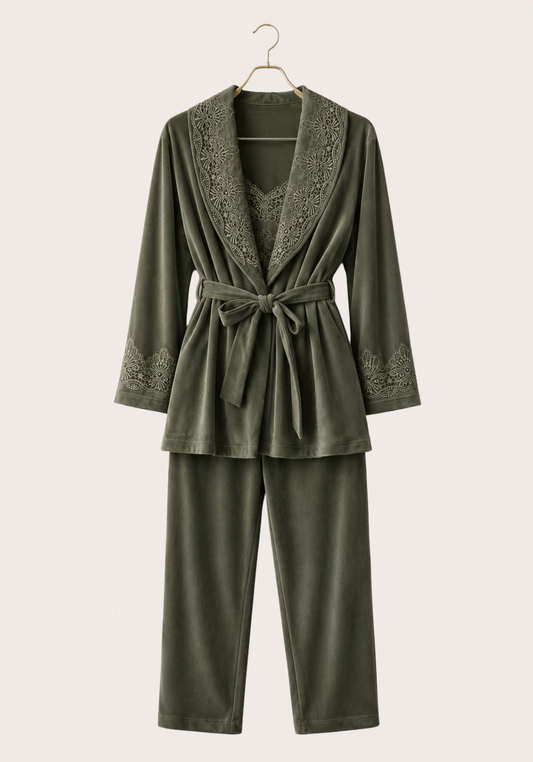 Velour 3 Pieces Set: Sleeveless Pajama And Short Robe