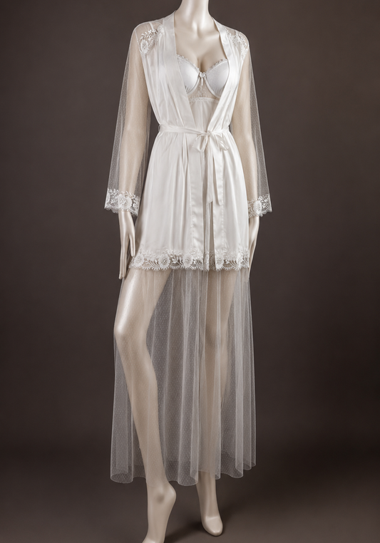 Bridal Long Robe Set: Satin Padded Underwire Cup Babydoll And Satin Toulle Long Robe
