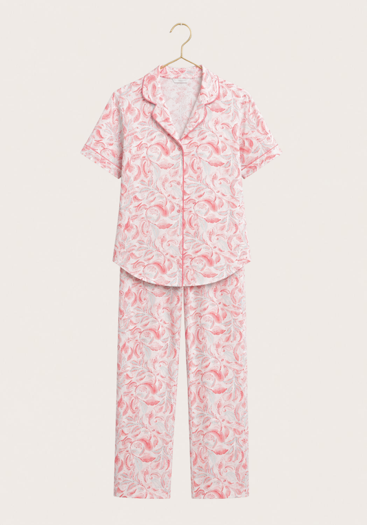 Viscose Lycra Collar Button Short Sleeve Floral Top And Pant Set