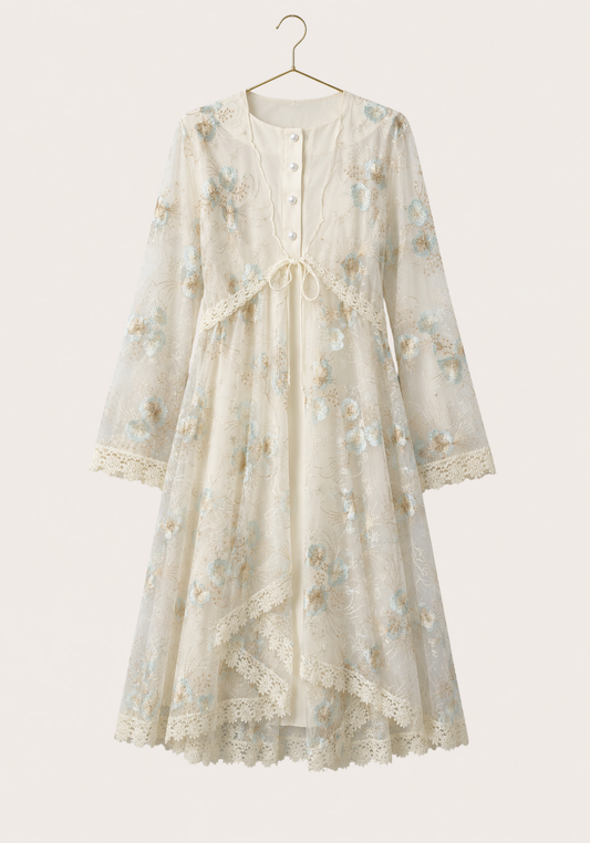 Maternal Short Robe Set: Long Sleeve Buttoned Nighty And Long Sleeve Organza Dantel Robe