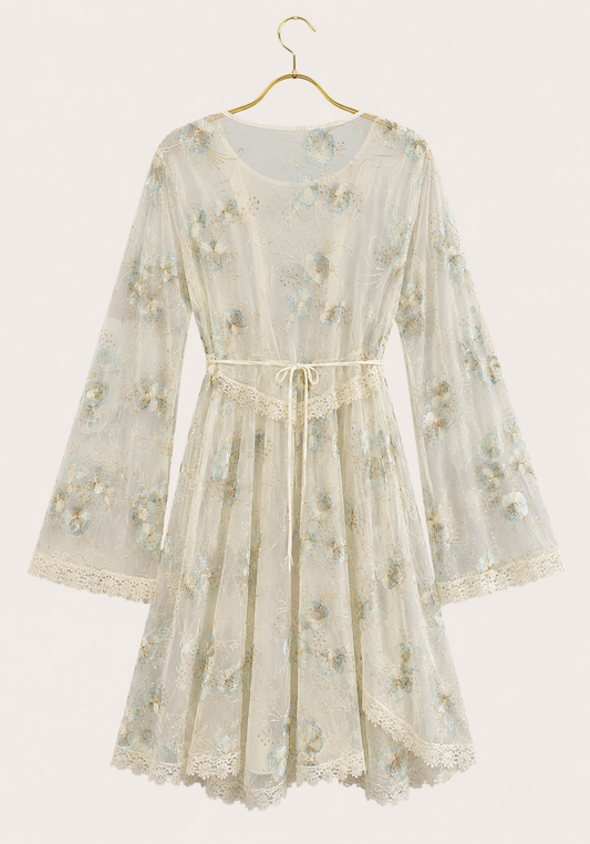 Maternal Short Robe Set: Long Sleeve Buttoned Nighty And Long Sleeve Organza Dantel Robe