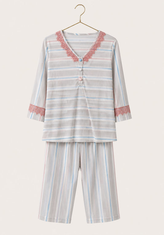 Soft Striped Capri Set: Long Sleeve V-Neck Top With Lace Detail And Capri