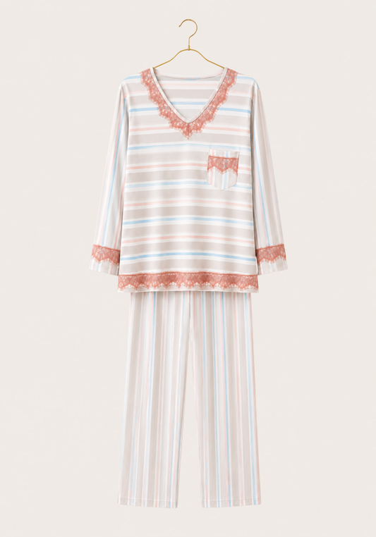Soft Striped Pajamas: Long Sleeve V-Neck Top With Lace Detail And Long Pants