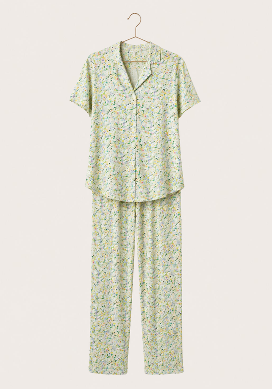Viscose Lycra Collar Button Short Sleeve Floral Top And Pant Set