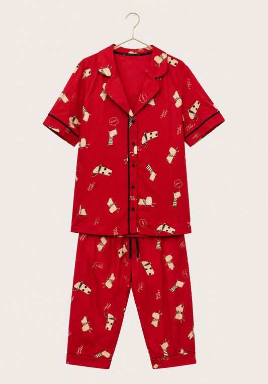 Cotton Collar Button Short Sleeve Top And Capri Set