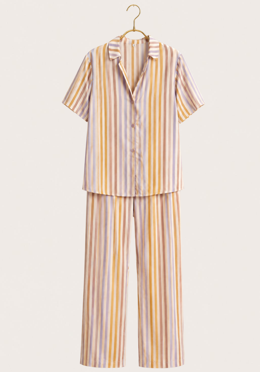 Woven Collar Button Short Sleeve Lounge Set