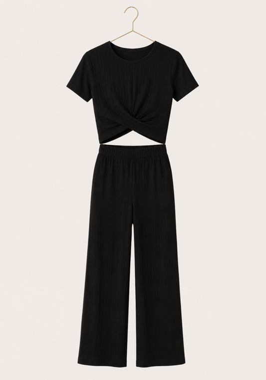 Rib Cotton Open Belly Top And Pant Lounge Set