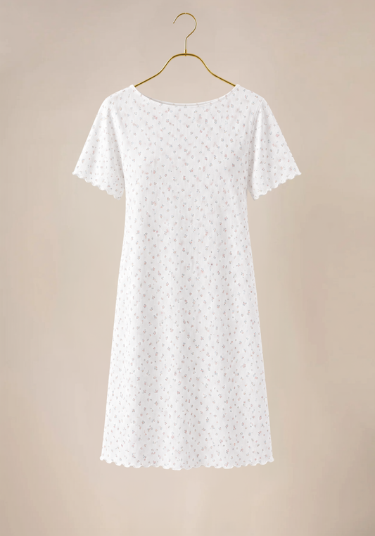 Flower-Print Ribbed Short Sleeve Short Nighty