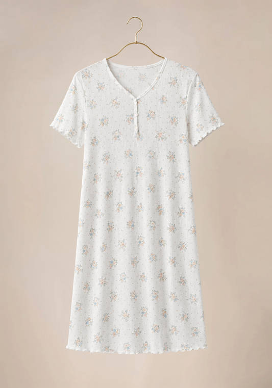 Flower-Print Pointelle Short Sleeve Buttoned Front Short Nighty