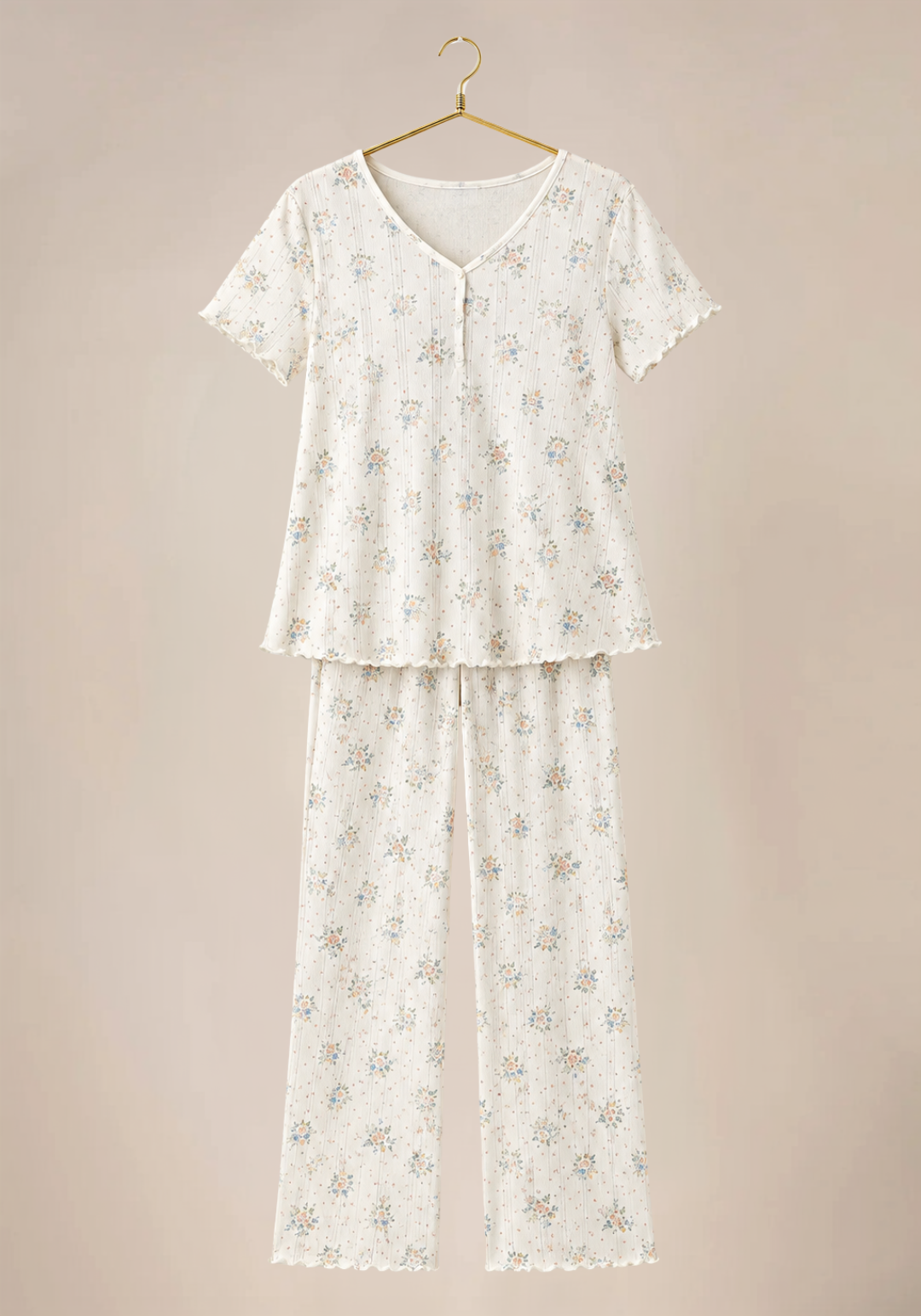 Flower-Print Pointelle Short Sleeve Half Buttoned Top Pajamas