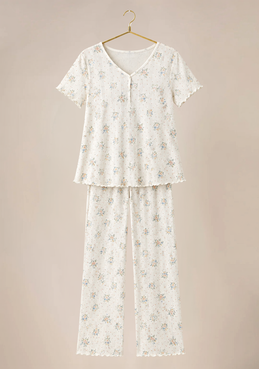 Flower-Print Pointelle Short Sleeve Half Buttoned Top Pajamas