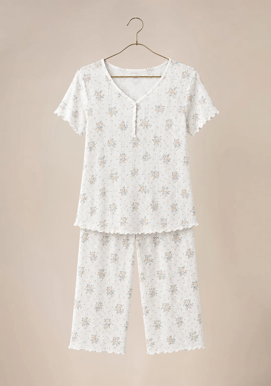 Flower-Print Pointelle Short Sleeve Half Buttoned Top And Capri Set