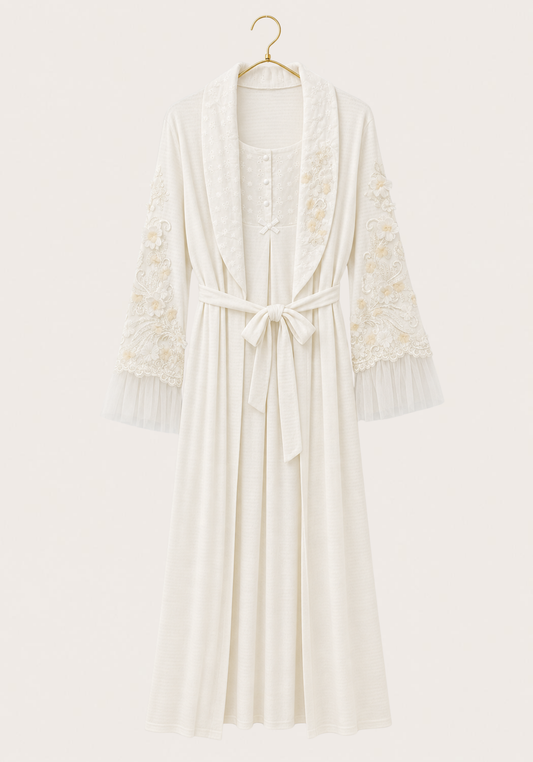 Maternal Robe Set: Button Long Nighty With Front Dantel And Long Robe With Dantel