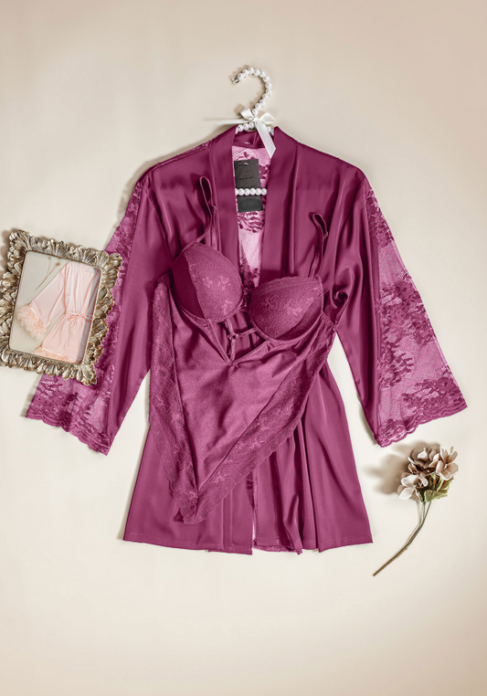 Bodysuit Robe Set: Padded Bra Satin Lace Bodysuit And Satin Lace Short Kimono